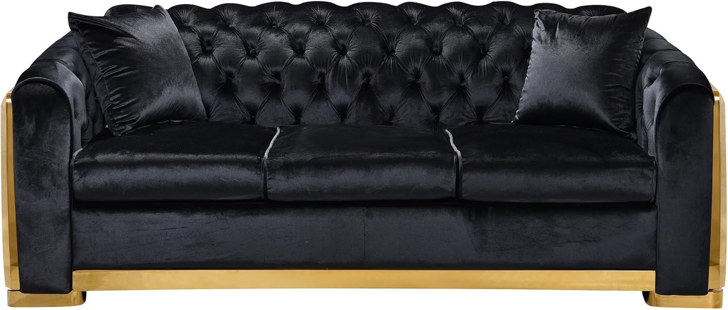 Anwick Sofá Chesterfield de terciopelo clásico de 3 plazas, sofá tapizado moderno con respaldo copetudo y dos almohadas para sala de estar y oficina