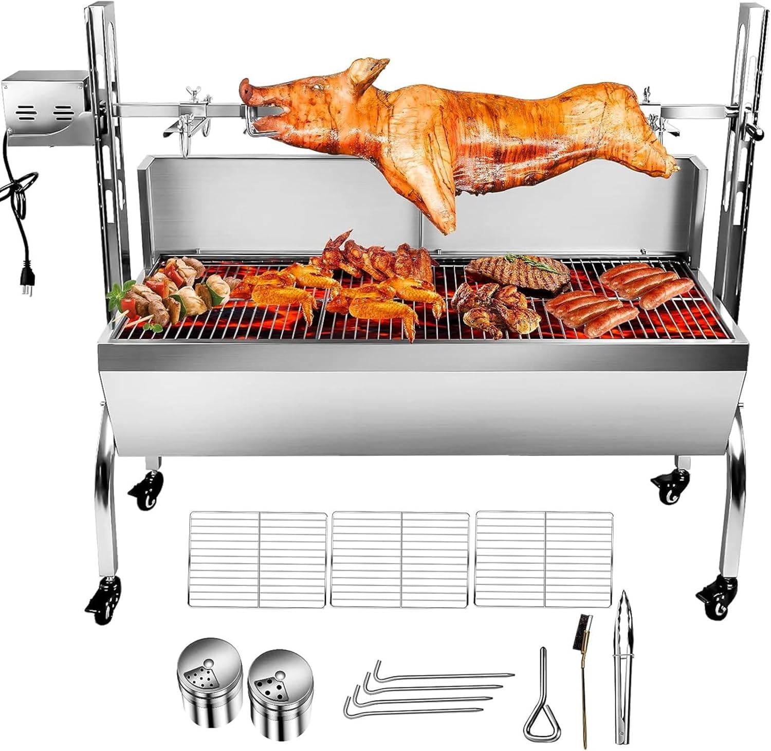 Parrilla asadora de acero inoxidable con protector de cubierta trasera, motor de 25 W, asador de cordero de cerdo pequeño, parrilla asadora de
