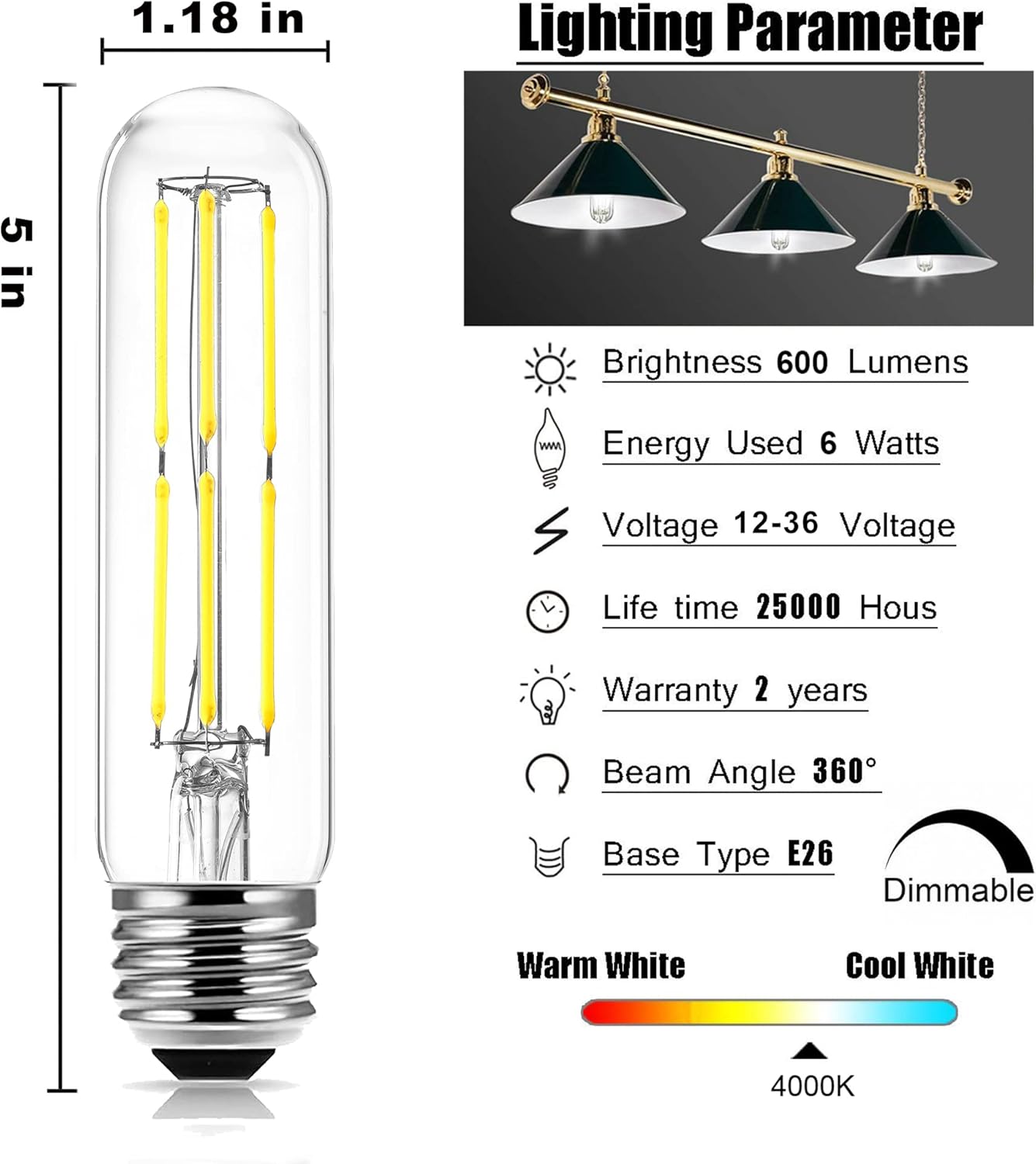 Bombilla LED de 12 voltios, 6 W, filamento Edison vintage acdc12 V 24 V, bajo voltaje, 4000 K, luz diurna blanca equivalente a 60 W, base E26 para