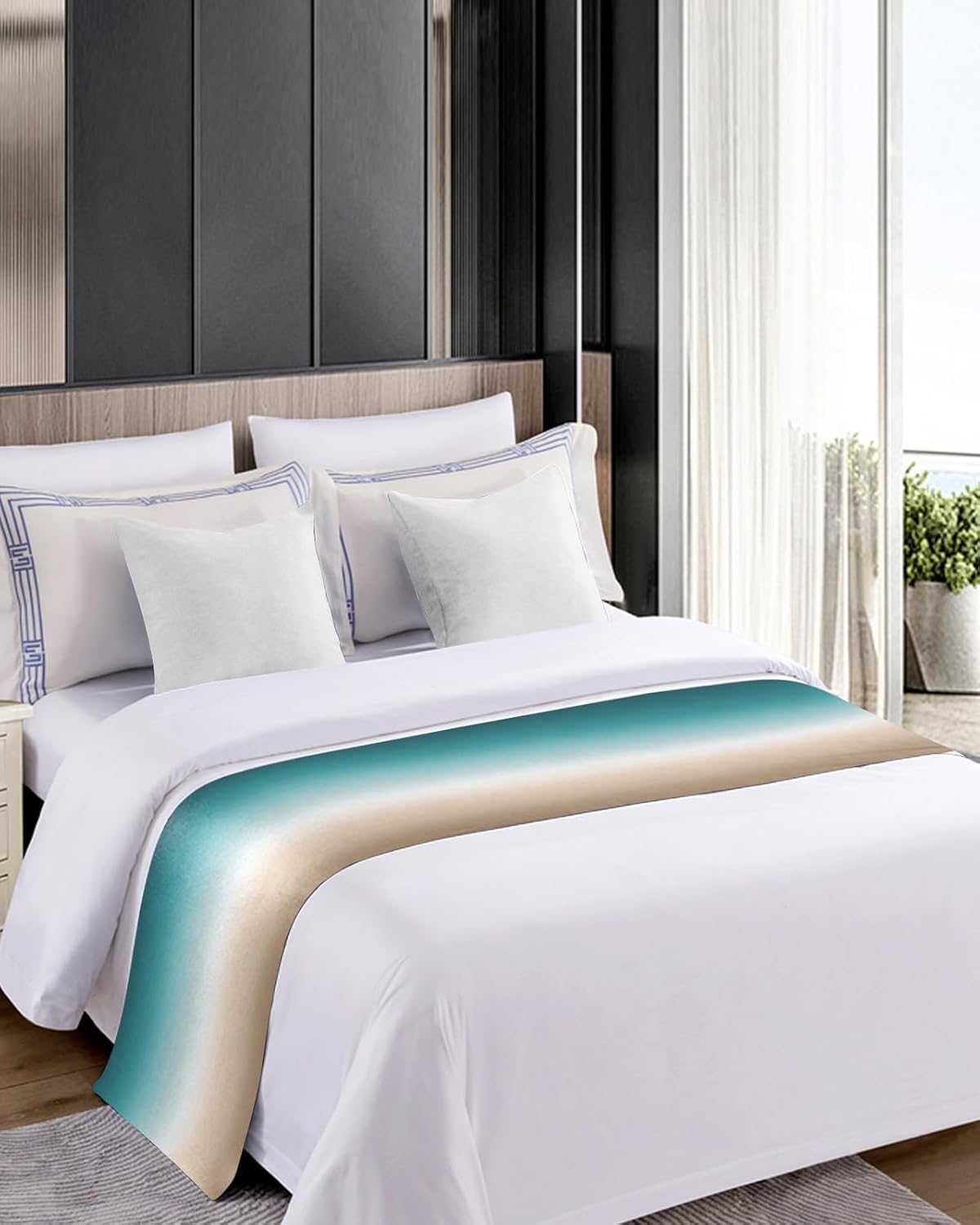 Smile Sunflower Bed Runner Scarf Teal Green Khaki Gradient Bedding Scarf Decorative Bed Runners Cover for Home Bedroom Hotel Wedding Room Bed Scarf