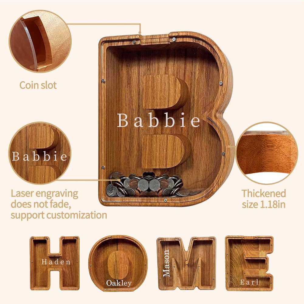 Alcancía personalizada, alcancía de madera personalizada para niños, monedero para niñas y niños, decoración de letras del alfabeto inglés de