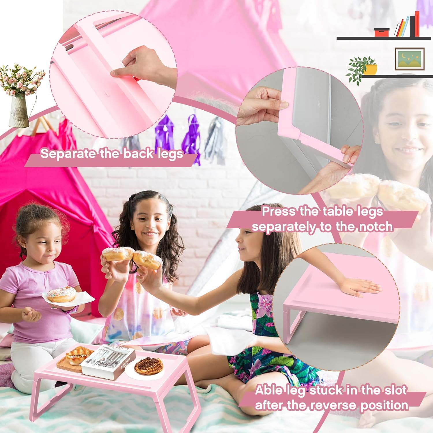 Paquete de 4 bandejas plegables para desayuno en la cama, bandejas de plástico para regazo, patas plegables con asas, bandejas de alimentos para