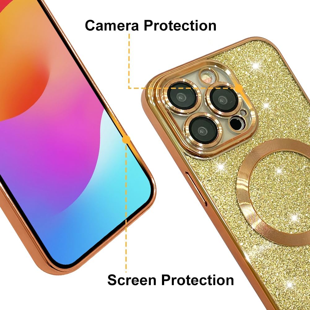 Jefonha Funda magnética con purpurina para iPhone 14 Pro de 6.1 pulgadas, compatible con Magsafe, bonita funda de lujo chapada en brillo, protector