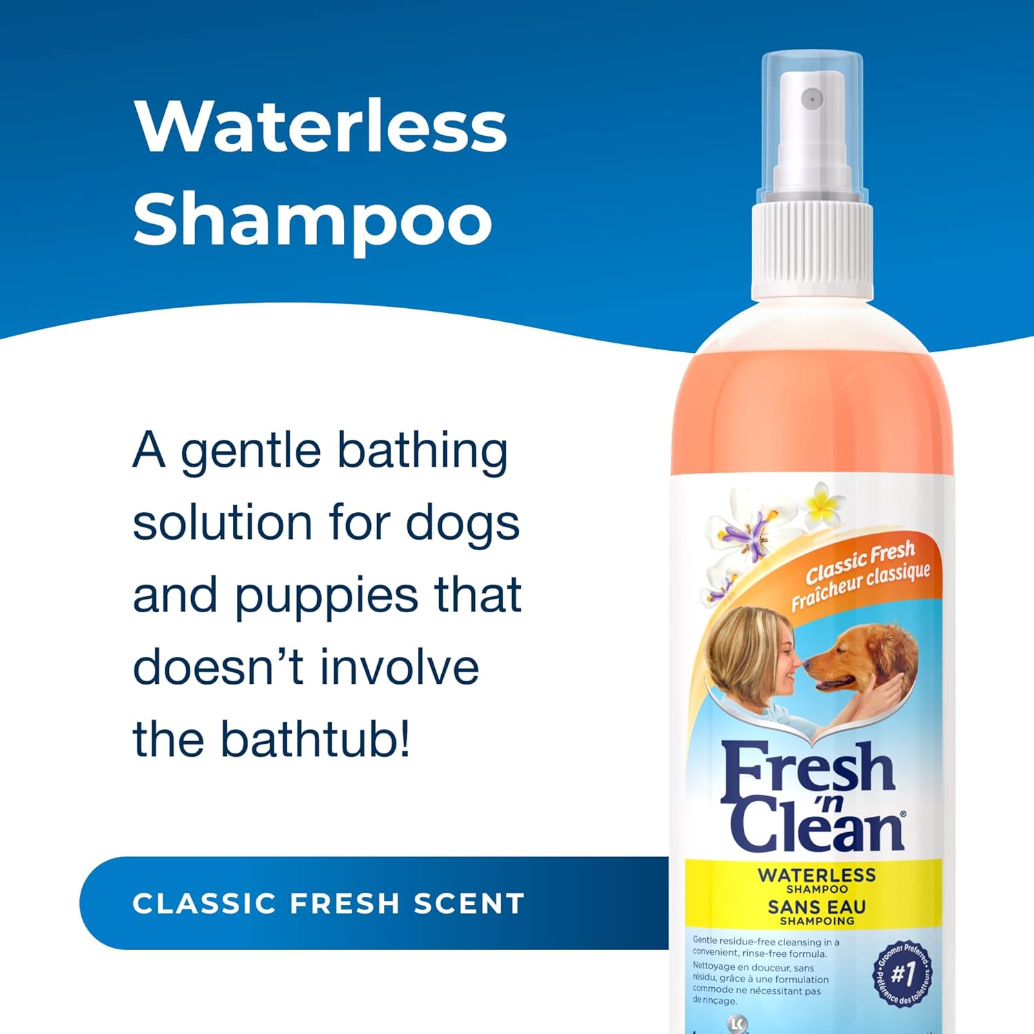 PetAg Fresh ‘n Clean – Champú clásico sin agua para perros, contiene aloe vera, fórmula antienredos para liberar tapetes y enredos, 12 onzas líquidas