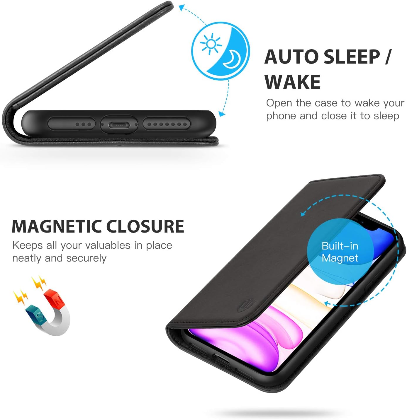 SHIELDON Funda para iPhone 11 Pro, de piel auténtica, con función de encendido y apagado automático, bloqueo RFID, ranuras para tarjetas, función