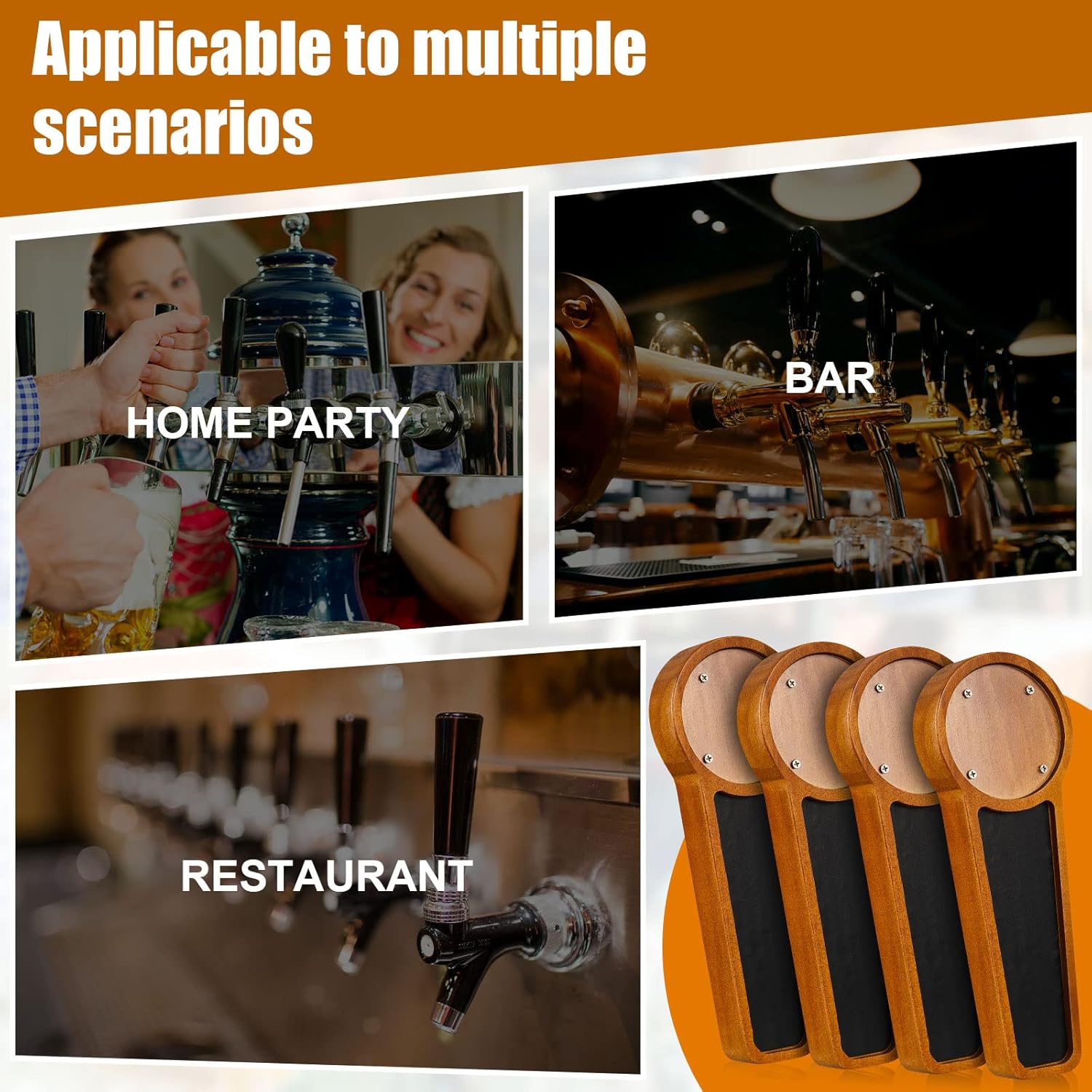 4 unidades de mango de madera para tocador de cerveza para Kegerator con logotipo intercambiable y 4 bolígrafos para bar, restaurante, boda,