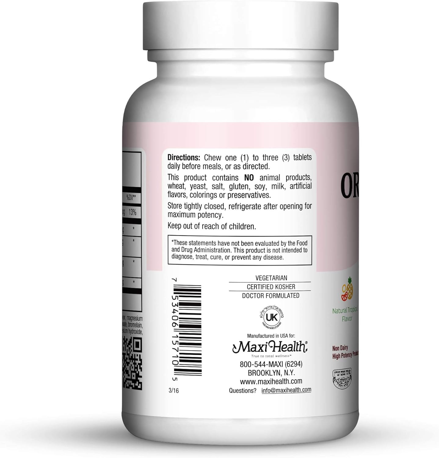 Maxi-Health Oraldophilus masticable – Sin lácteos – Probióticos, sabor tropical, 100 masticables y Kosher