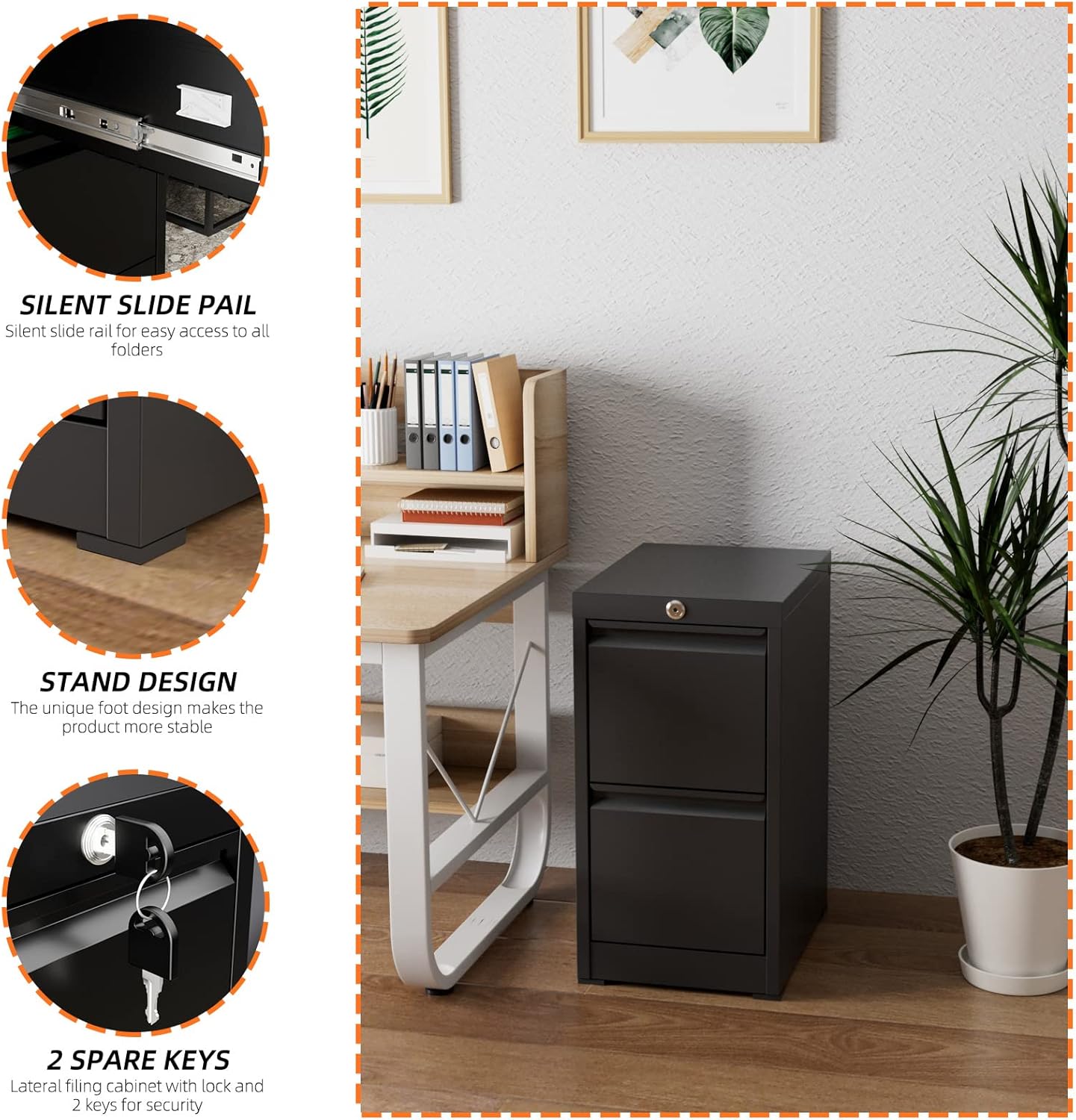 Aobabo Archivador vertical de 2 cajones, gabinete de archivos de oficina con cerradura de metal, archivadores para tamaño A4 cartalegal, debajo del