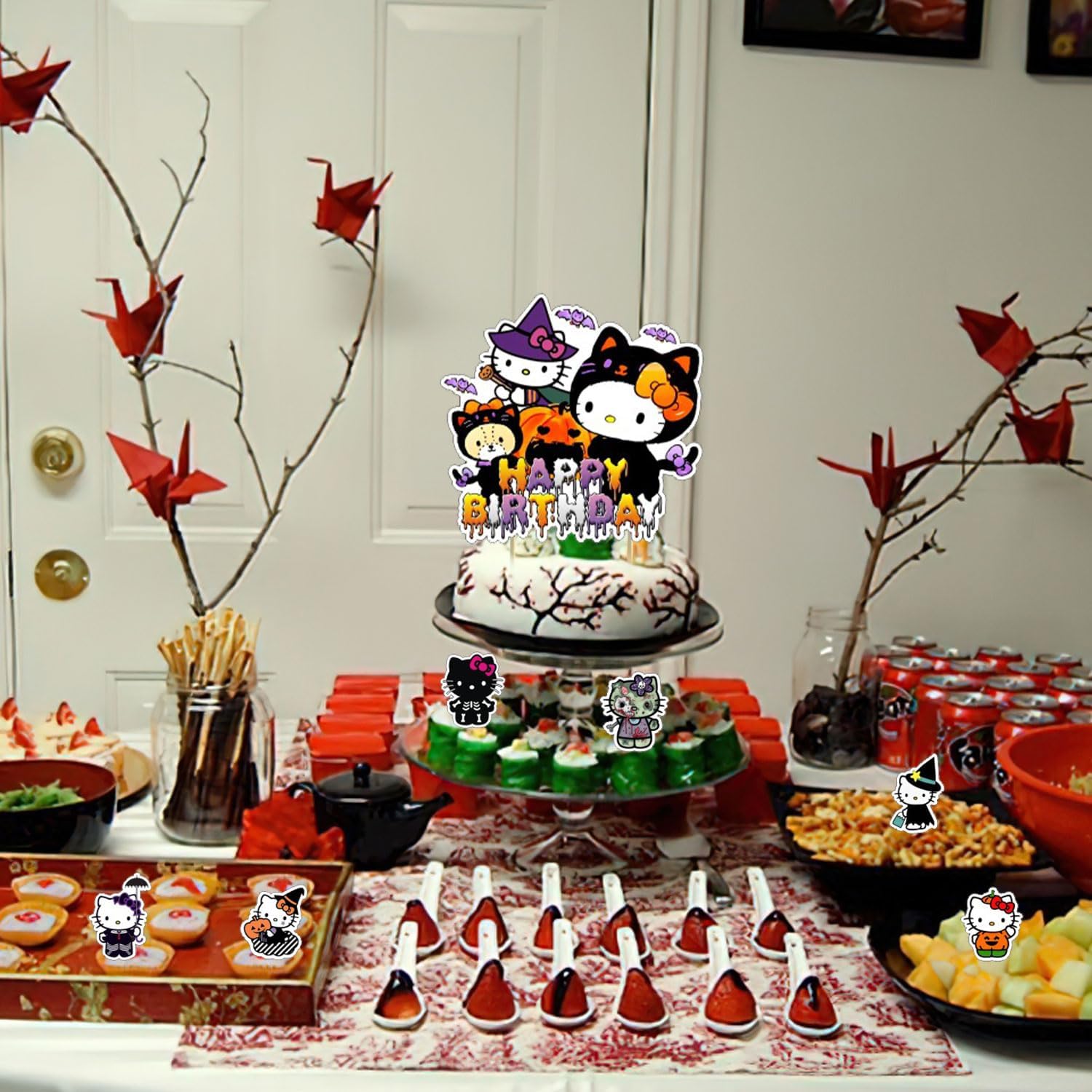 Decoración de fiesta de Halloween, suministros de cumpleaños para Skelebones de Halloween, incluye pancarta, decoración de tarta, 12 adornos para