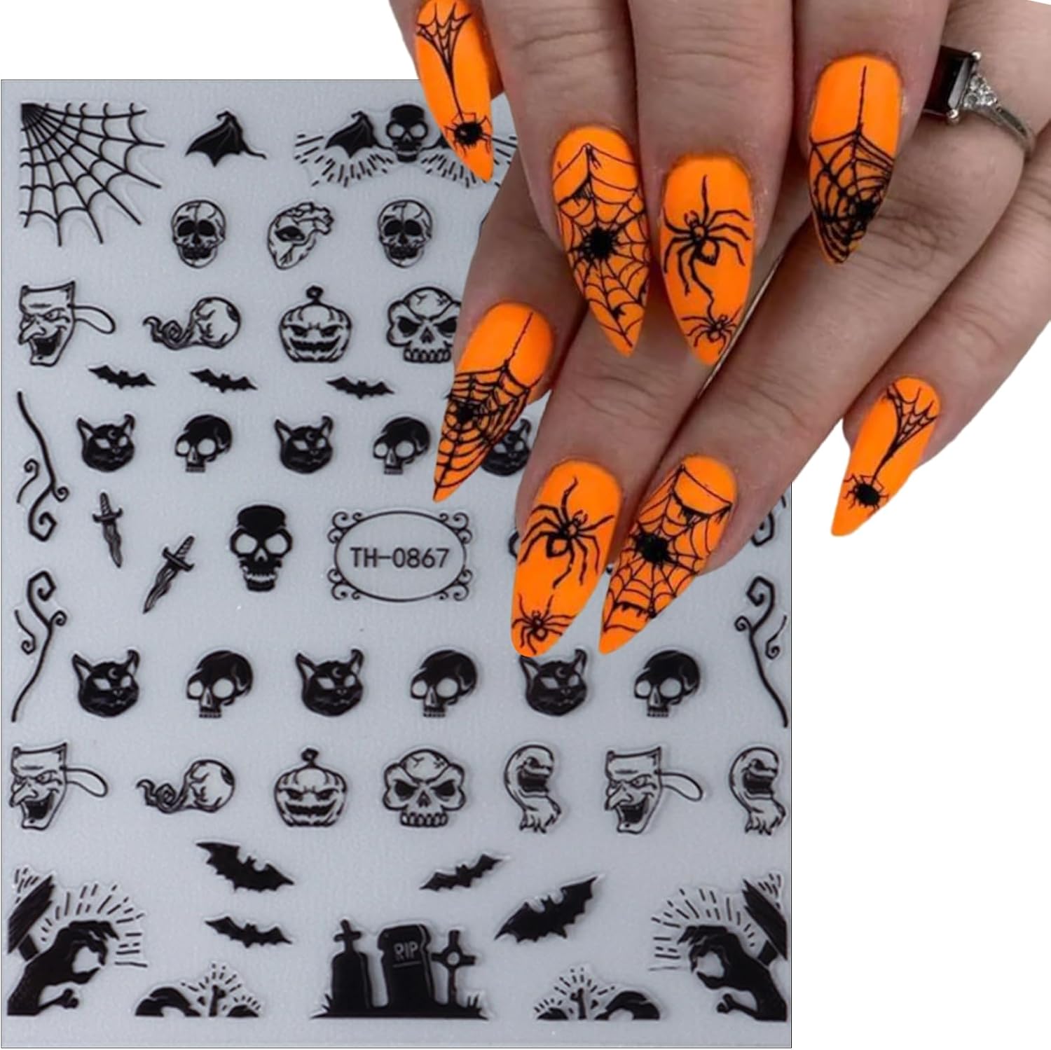 Calcomanías de uñas de Halloween para arte de uñas 3D, autoadhesivas en 3D, diseño de calavera negra, calabaza, araña, gato, murciélago, lindo