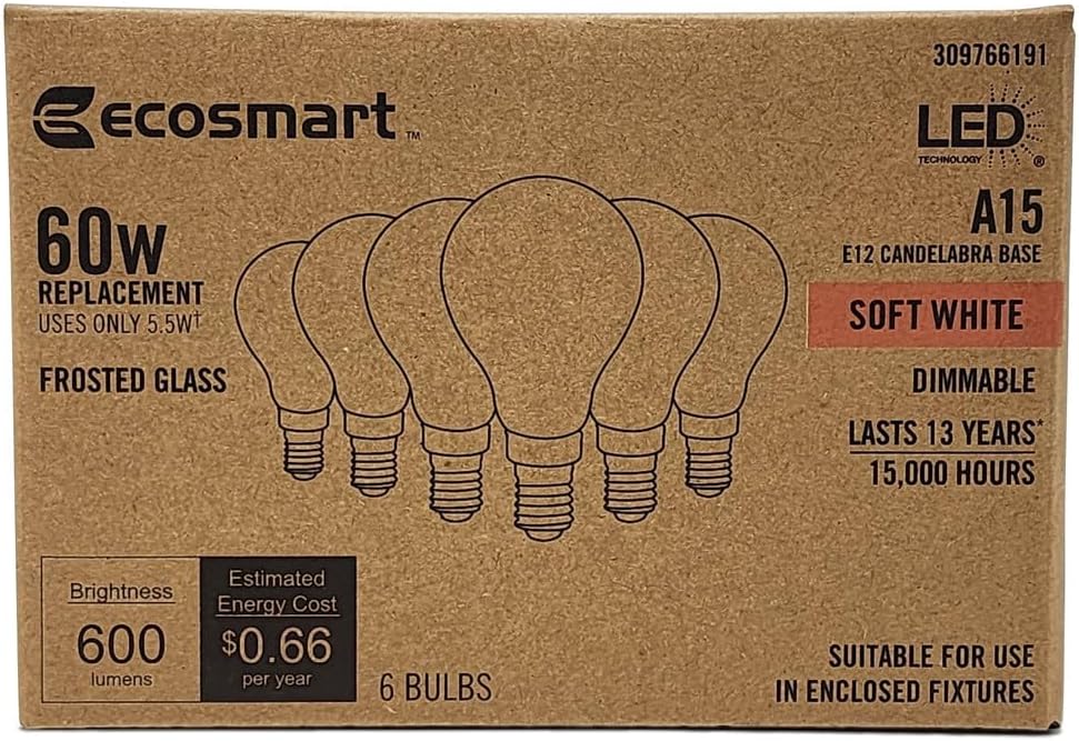 EcoSmart Bombilla LED esmerilada A15  60 W regulable blanco suave 2700 K  Base de candelabro E12  600 lúmenes  Bombillas para ventilador de techo