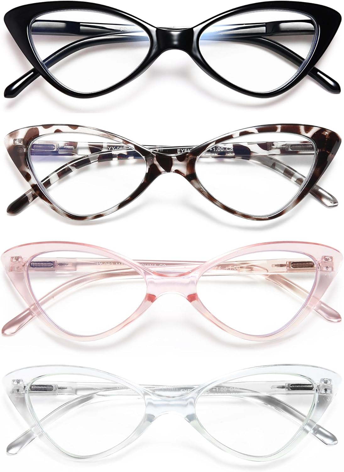 EYEURL Paquete de 4 lentes de lectura para mujer, a la moda, ojo de gato, bloqueo de luz azul, con bisagras de resorte, 2.50 antirreflejosrayos UV