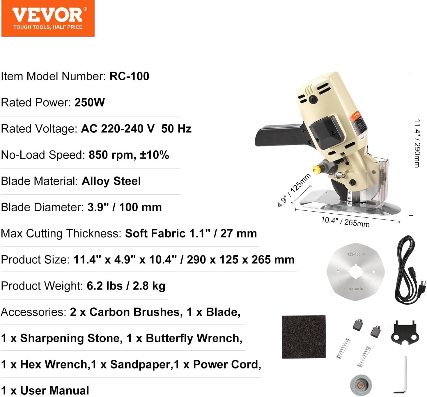 VEVOR Cortador de tela, máquina de corte rotativa eléctrica de tela de 250 W, grosor de corte de 1.1 pulgadas, cuchillo octogonal, con hoja de