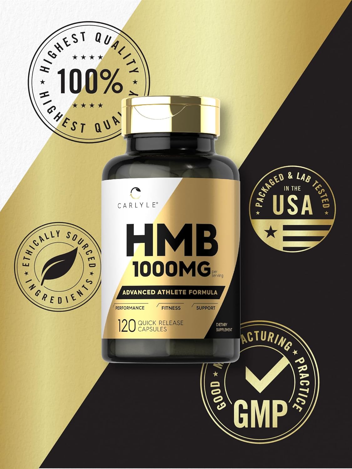 Carlyle Suplemento HMB  1000 mg  120 cápsulas  Fórmula avanzada de atleta sin OMG y sin gluten