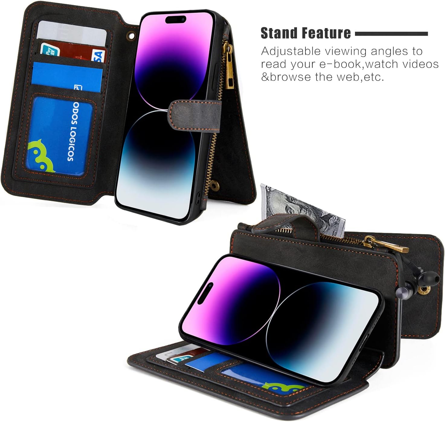 MODOS LOGICOS Funda compatible con iPhone 15 de 6.1 pulgadas, cartera desmontable, almacenamiento en efectivo con cremallera, hasta 14 ranuras para