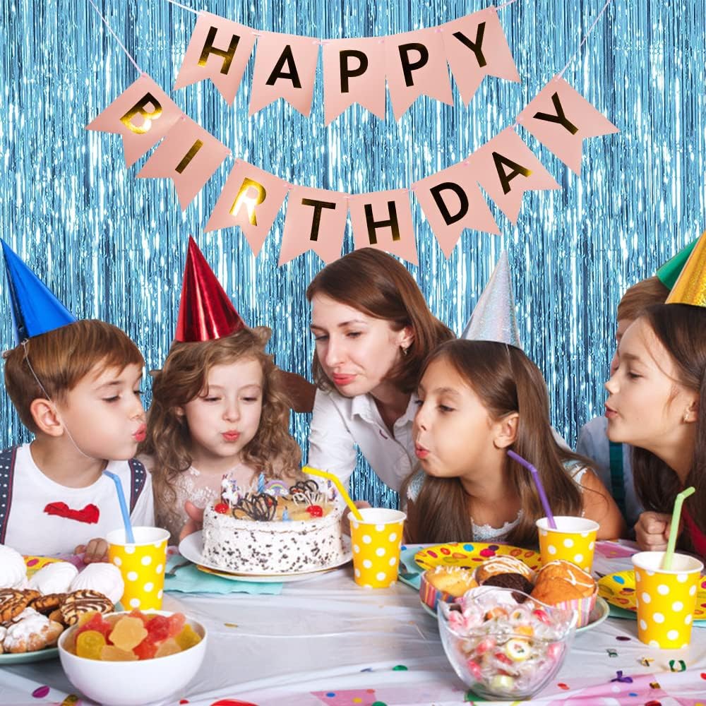 Paquete de 2 cortinas de telón de fondo azul con serpentinas de oropel decoración temática del océano, decoraciones de fiesta de cumpleaños, telón