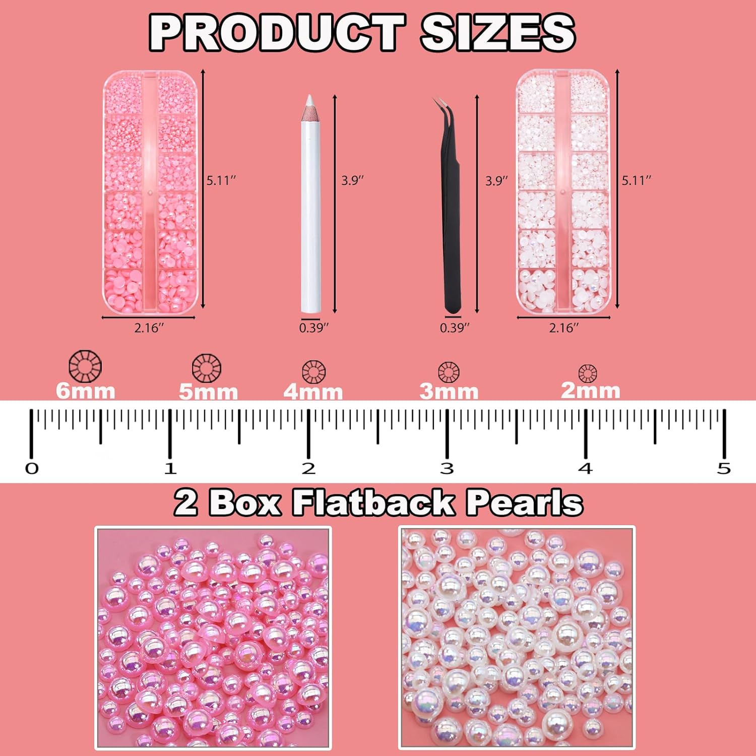 3000 piezas de uñas con parte trasera plana, semiredondas, perlas de uñas blancas y rosadas, perlas de resina de 6 tamaños para uñas, diamantes de