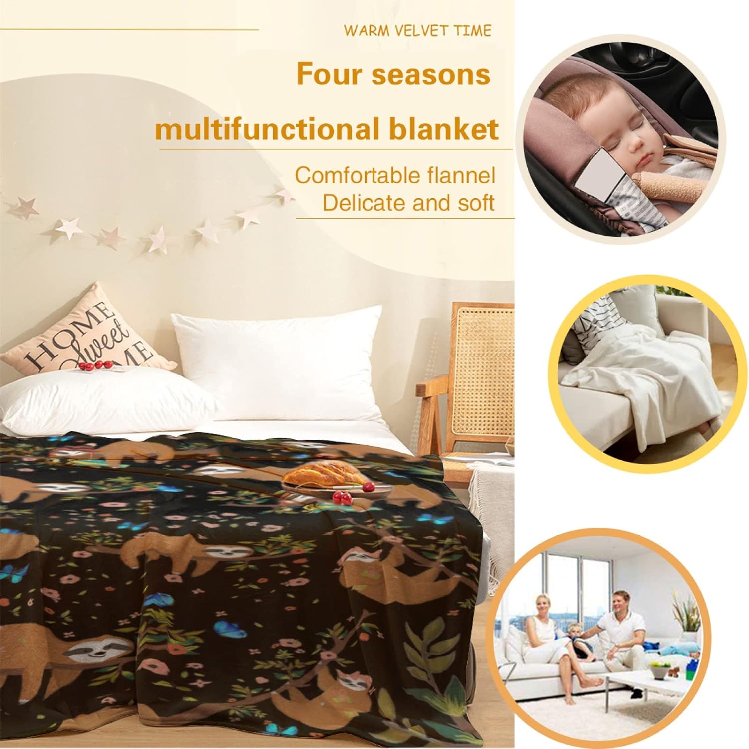 Manta de forro polar de perezoso para cama de 60 x 50 pulgadas, manta de franela de felpa ligera y súper suave para mujeres, hombres y niños