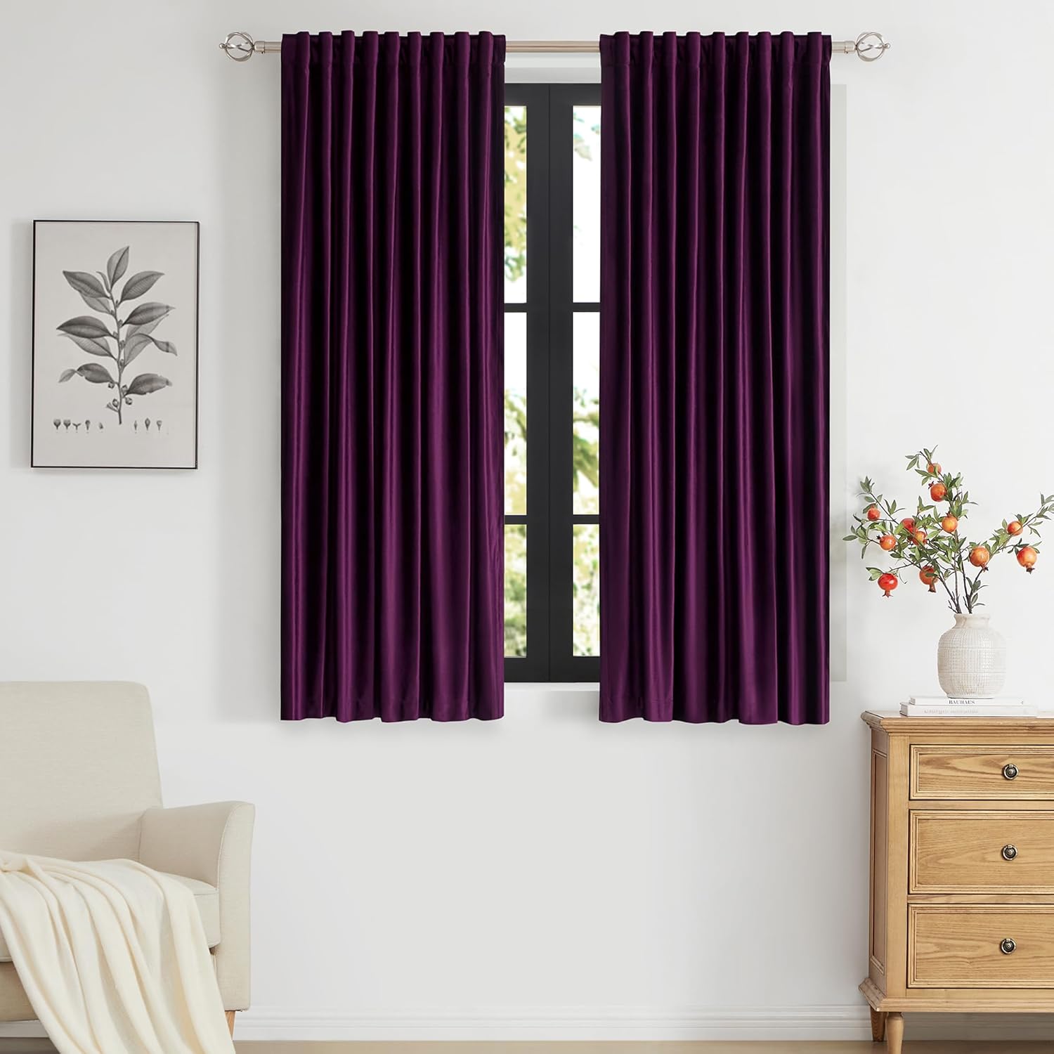 PRIMROSE Cortinas de terciopelo morado de 63 pulgadas de largo para sala de estar, juego de 2 paneles opacos, bolsillo para barra, pestaña trasera,