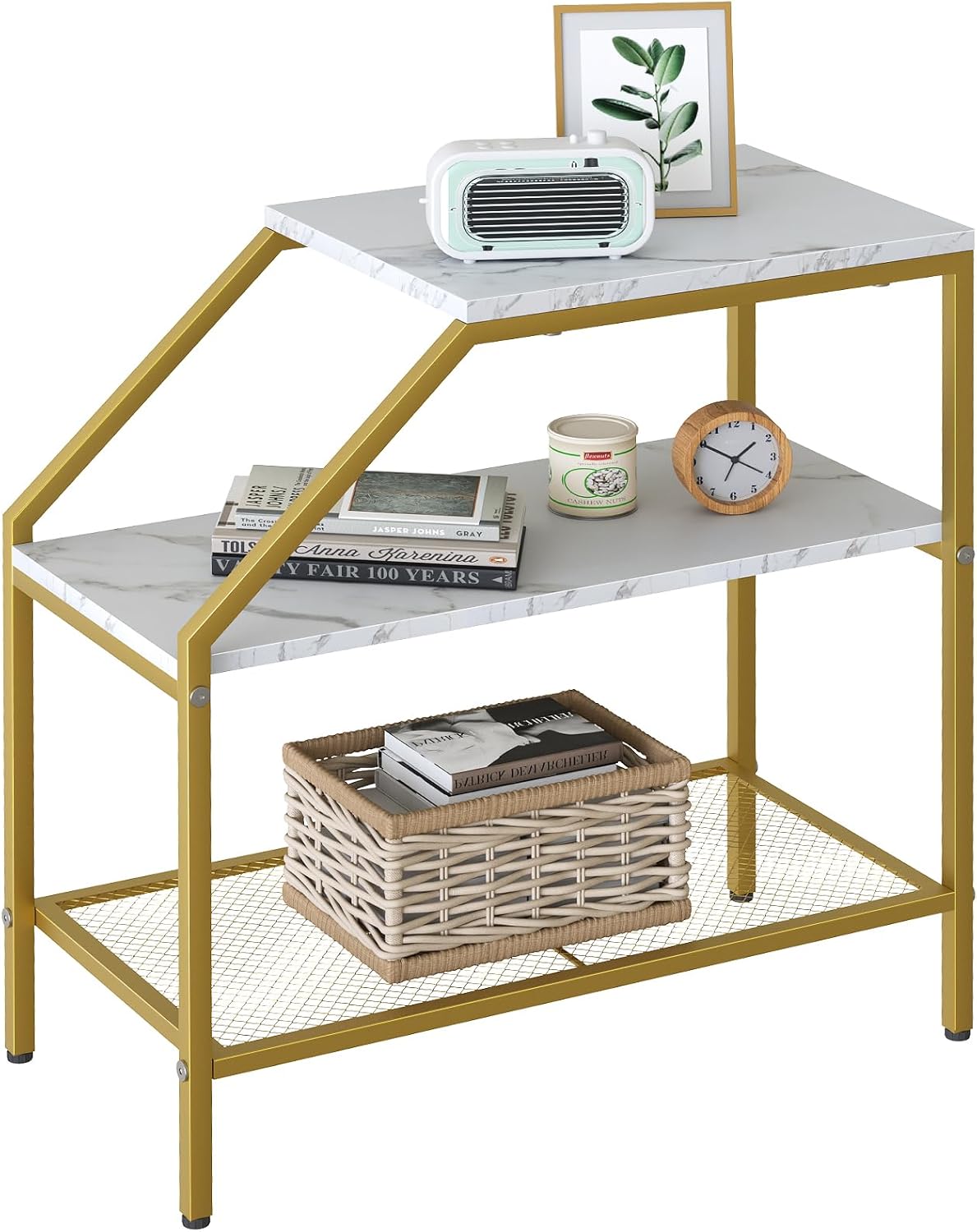 aboxoo Mesa auxiliar de 3 niveles de madera de mármol blanco con estante de escalera de almacenamiento, mesa auxiliar para espacio pequeño, muebles