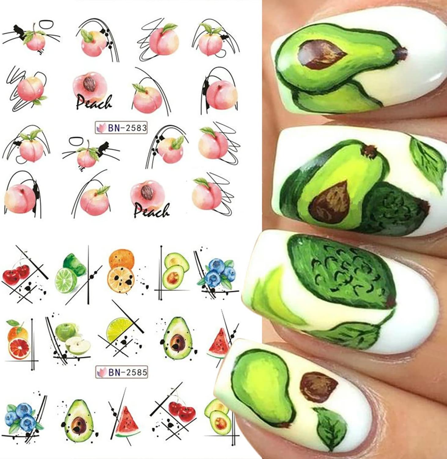 12 hojas de calcomanías para uñas de frutas, manzana, naranja, melocotón, sandía, diseño, transferencia de agua, calcomanías holográficas, arte de