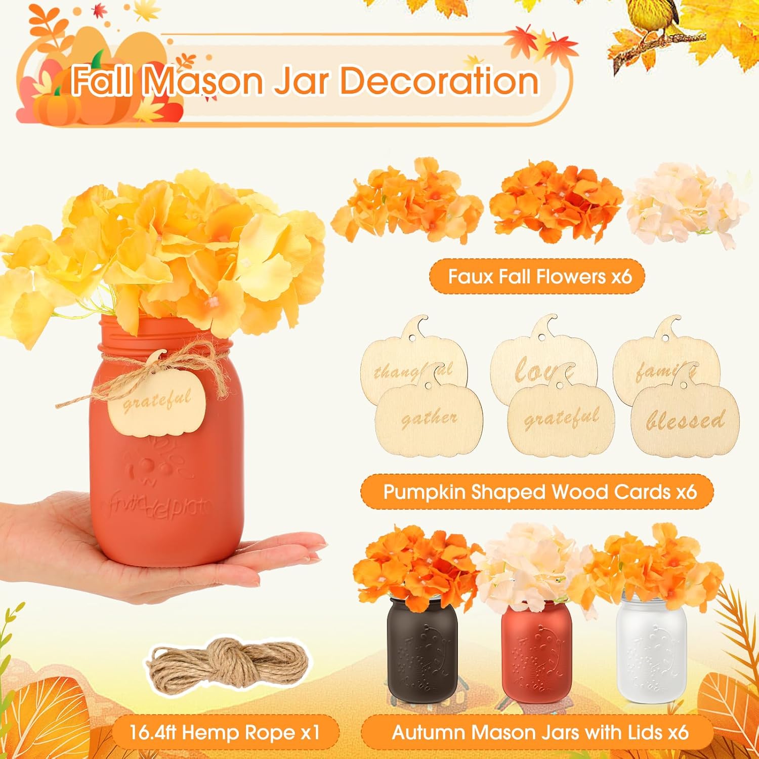Hotop 6 juegos de tarros de decoración de otoño con flores de cosecha de casa de campo con flores de Acción de Gracias, centro de mesa, arreglo