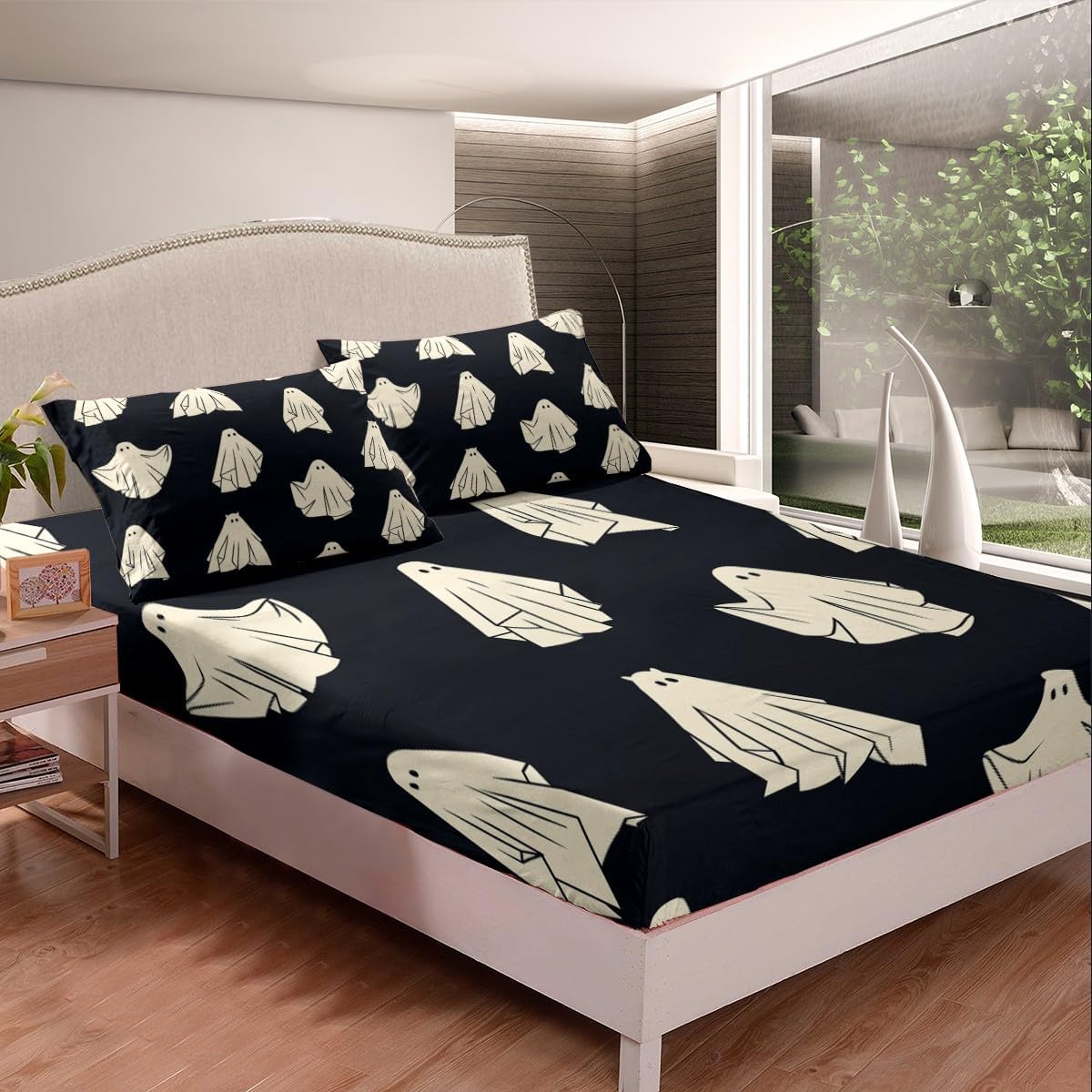 Castle Fairy Sábana bajera ajustable con estampado de fantasmas de Halloween para niños, ropa de cama de tela decorativa suave, color negro,