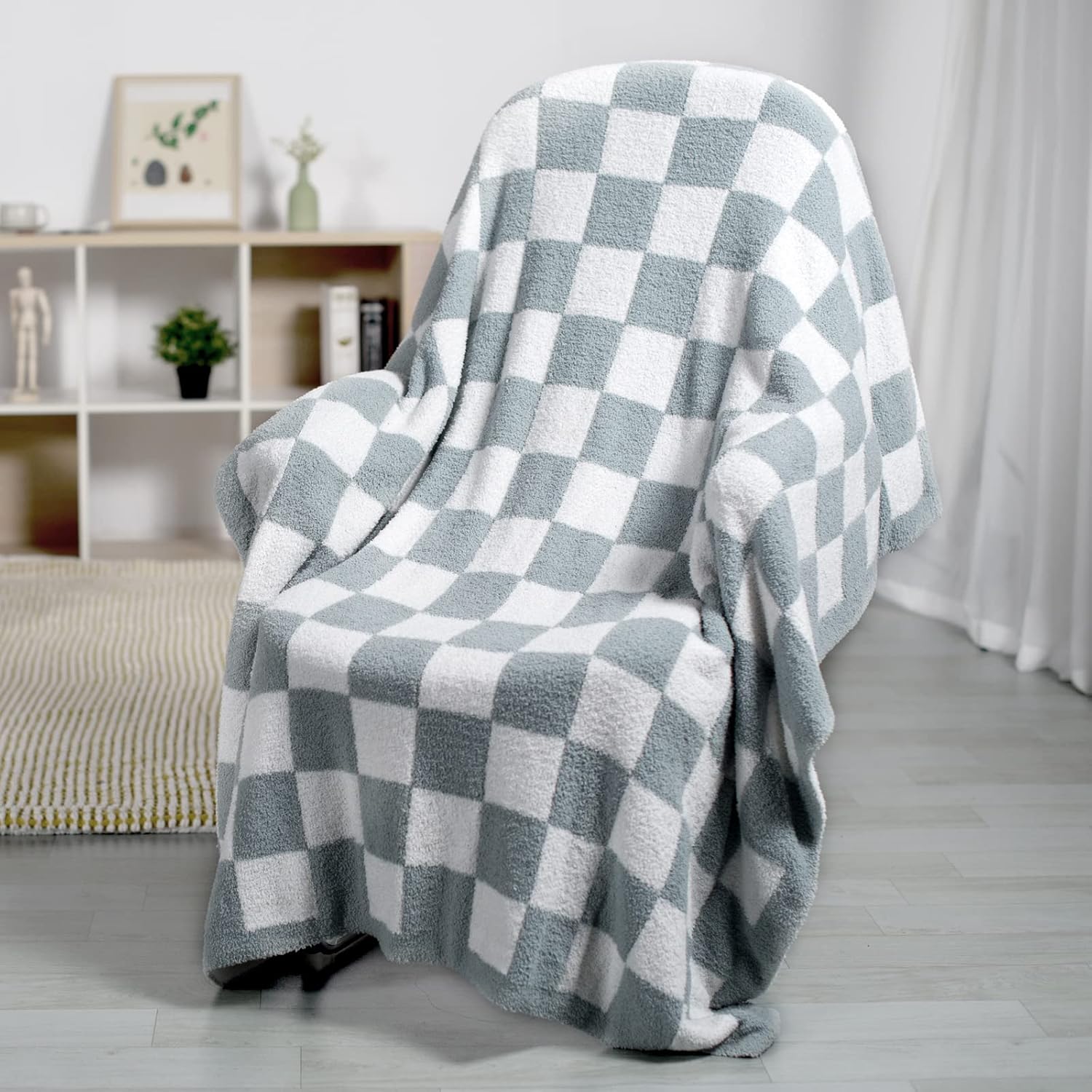Manta a cuadros súper suave, ligera, mullida y esponjosa, de microfibra reversible de tablero de ajedrez, decoración cálida y acogedora para el