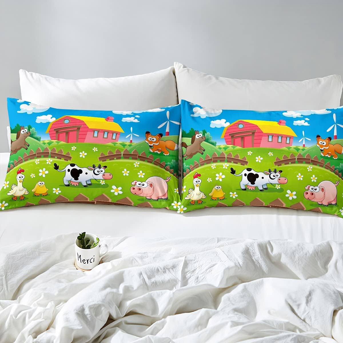 Juego de ropa de cama de animales de dibujos animados, juego de edredón de granja feliz para niños y niñas, pollo, pato, leche, vaca, cerdo, edredón