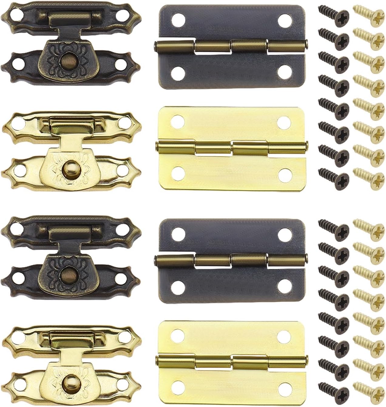 36 pestillos de cerrojo de bronce antiguo, mini bisagras con tornillos, mini cerrojos de armario, accesorios decorativos para caja de joyería, caja