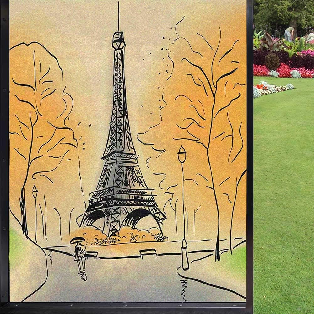 Película de privacidad para ventana de París, torre Eiffel con hojas de otoño en efecto de boceto, punto de referencia navideño, película de vidrio