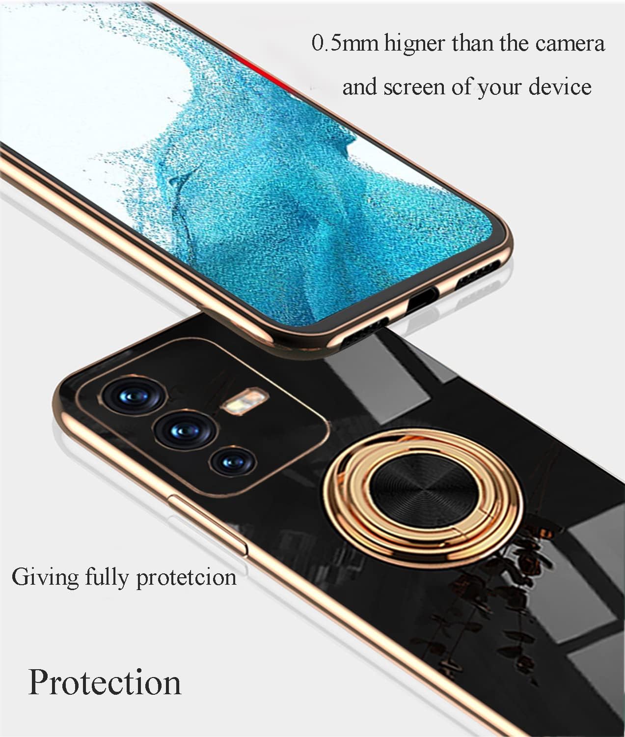 Yarxiawin Funda compatible con Vivo V23 con soporte de anillo, Vivo V23 para Vivo S12, funda negra antihuellas y protección de 360 grados a prueba