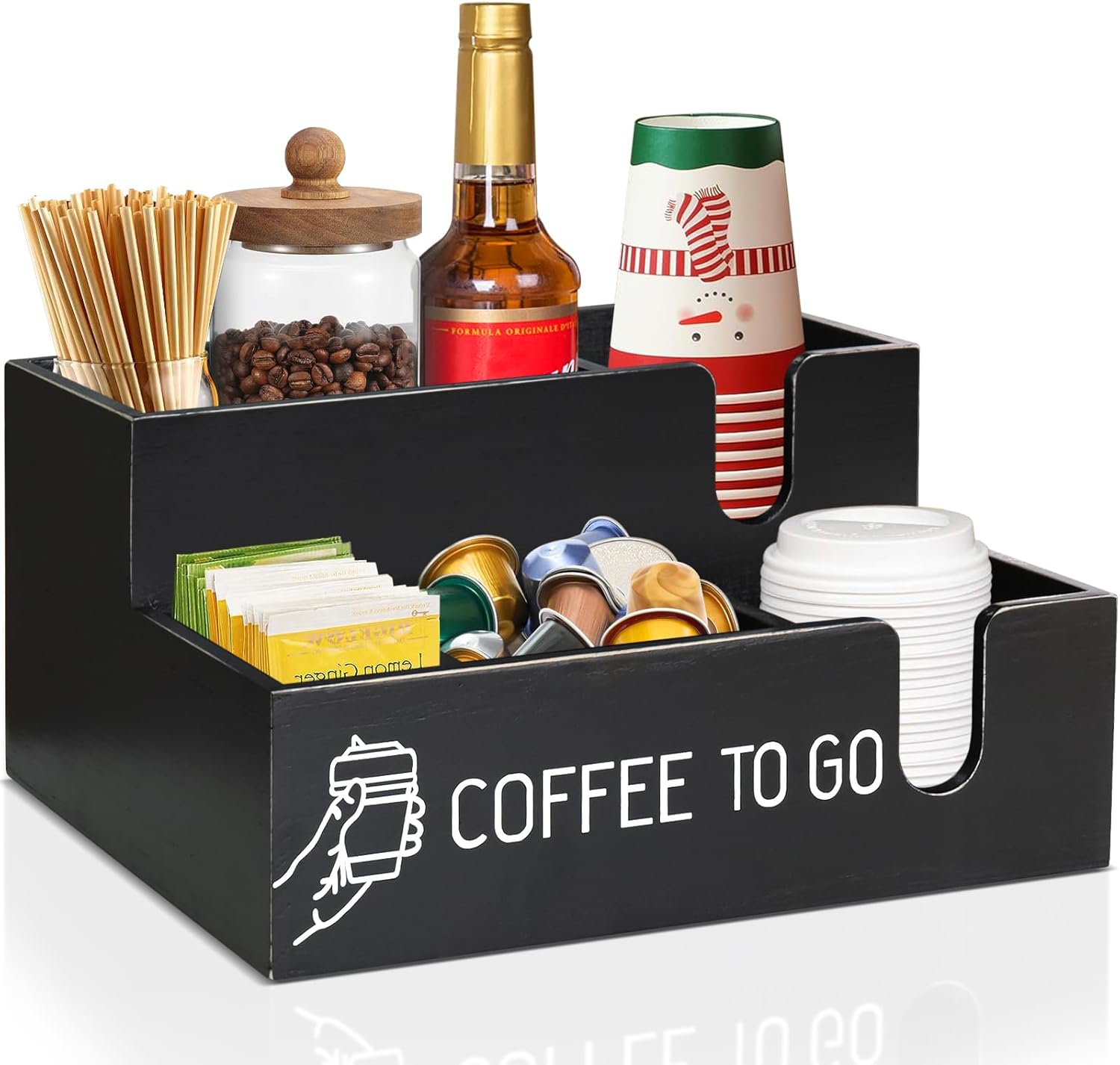 ugiftt Organizador de barra de café, organizador de estación de café, dispensador de taza de café de madera para mostrador, soporte de taza