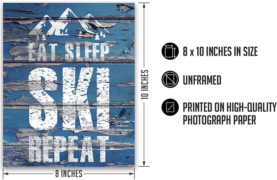Eat Sleep Ski Repeat – Decoración de pared motivacional de esquí con un fondo azul – ilustraciones sin marco impresas en papel fotográfico