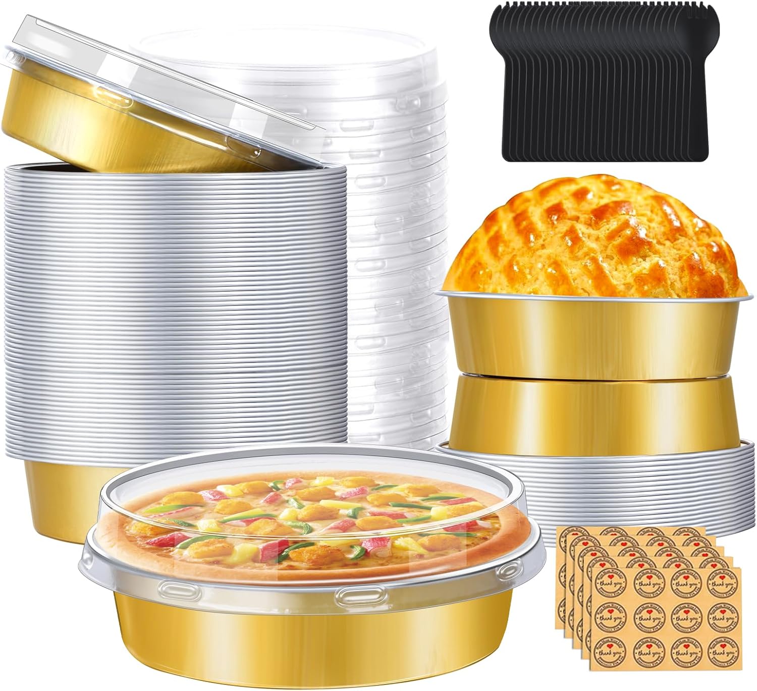 50 piezas de mini latas para tartas con tapas, moldes de aluminio de 4 pulgadas y 8 onzas, mini moldes desechables individuales para tartas, moldes