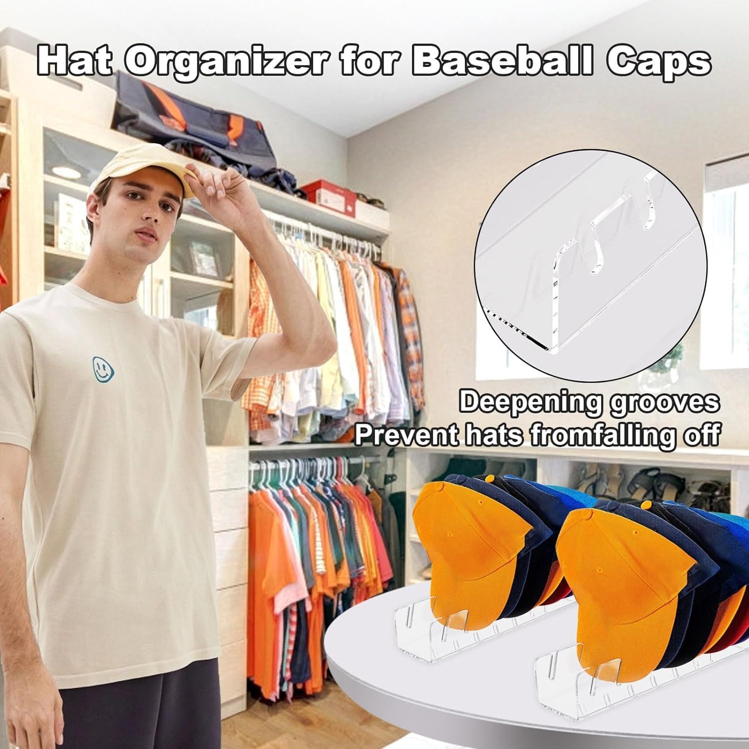 SGELMA Soporte para gorras de béisbol 2024, 2 unidades, organizador de sombreros de acrílico sin instalación para 14 gorras de béisbol, estantes