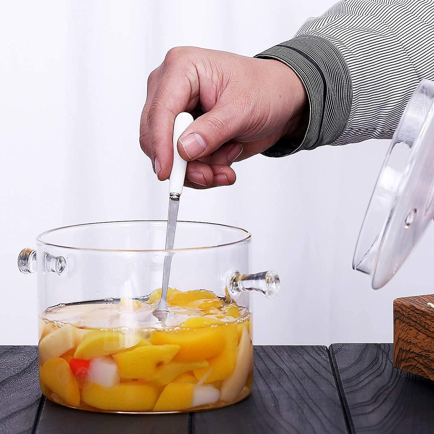 Cacerola de vidrio con tapa y tapa  1.5L50 oz resistente al calor de vidrio de borosilicato hecho a mano, juego de utensilios de cocina para estufa,