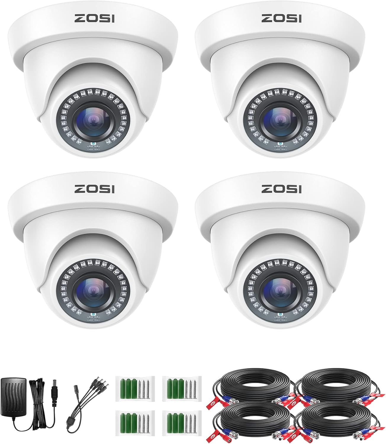 ZOSI Paquete de 4 cámaras de seguridad 1080P de 2.0MP impermeables para interiores y exteriores de 80 pies CCTV noche de día, cámaras de vigilancia