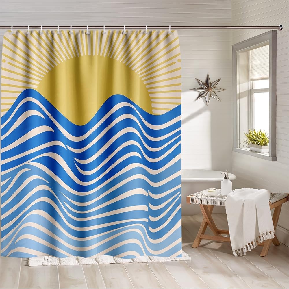 Cortina de ducha bohemia con paisaje marino abstracto, cortina de baño para baño, decoración de baño, juego de cortinas de ducha modernas con 12