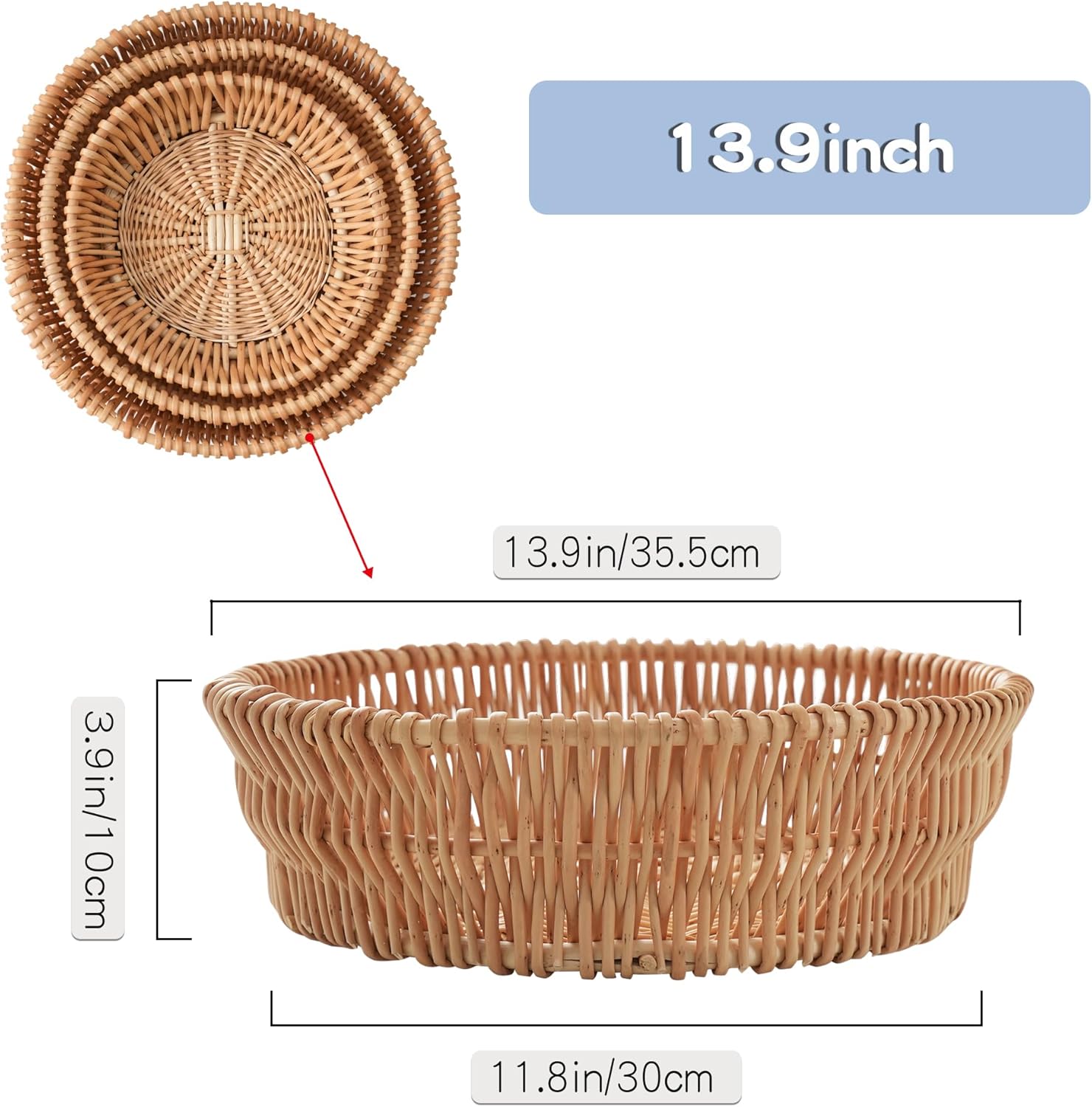Cesta de almacenamiento hecha a mano, cuenco redondo de mimbre, cesta tejida a mano, sauce natural, 1 paquete, tamaño grande