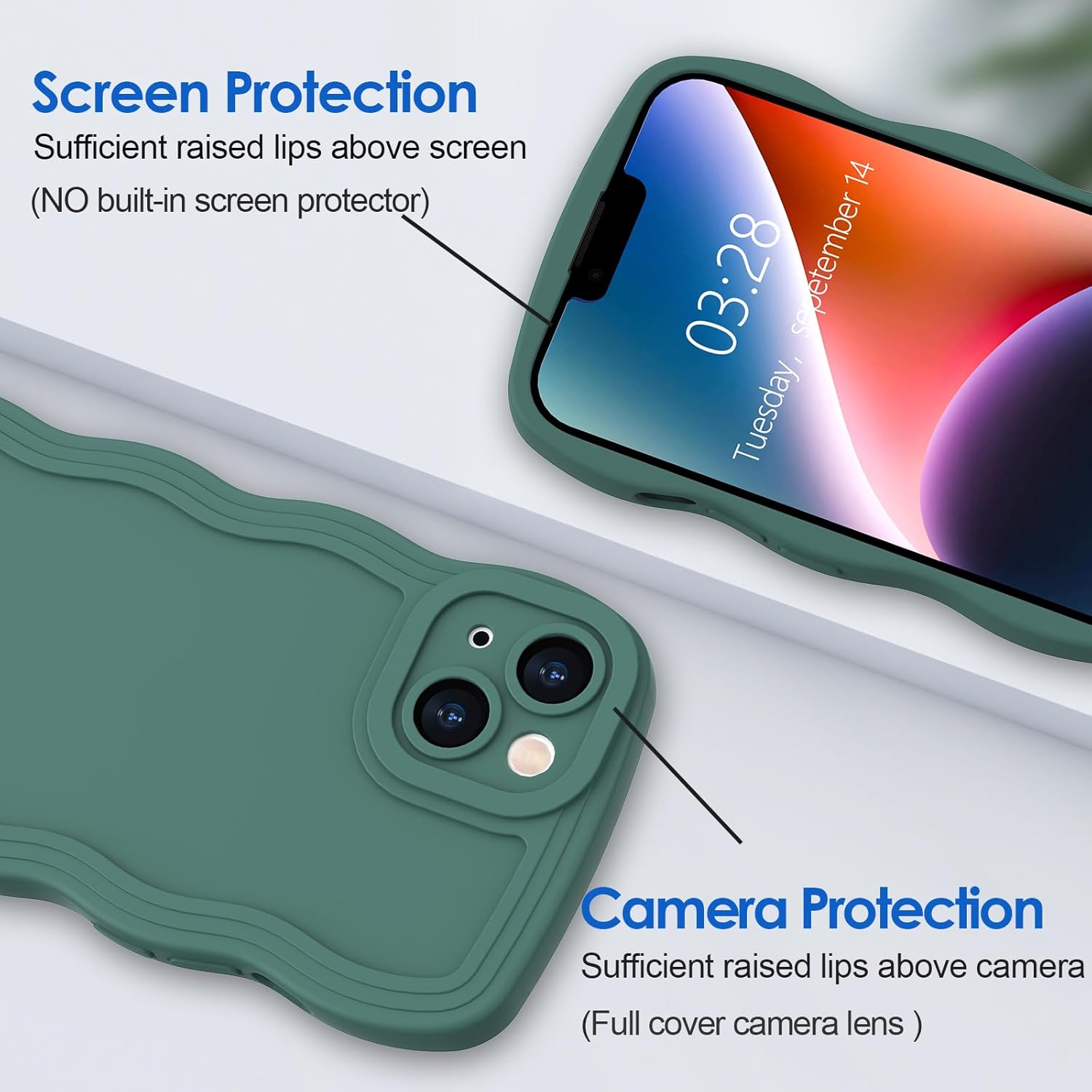 Anuck Funda para iPhone 14 Plus, diseño de marco rizado para mujeres y niñas, bonita funda de teléfono estética ondulada de color sólido, suave,