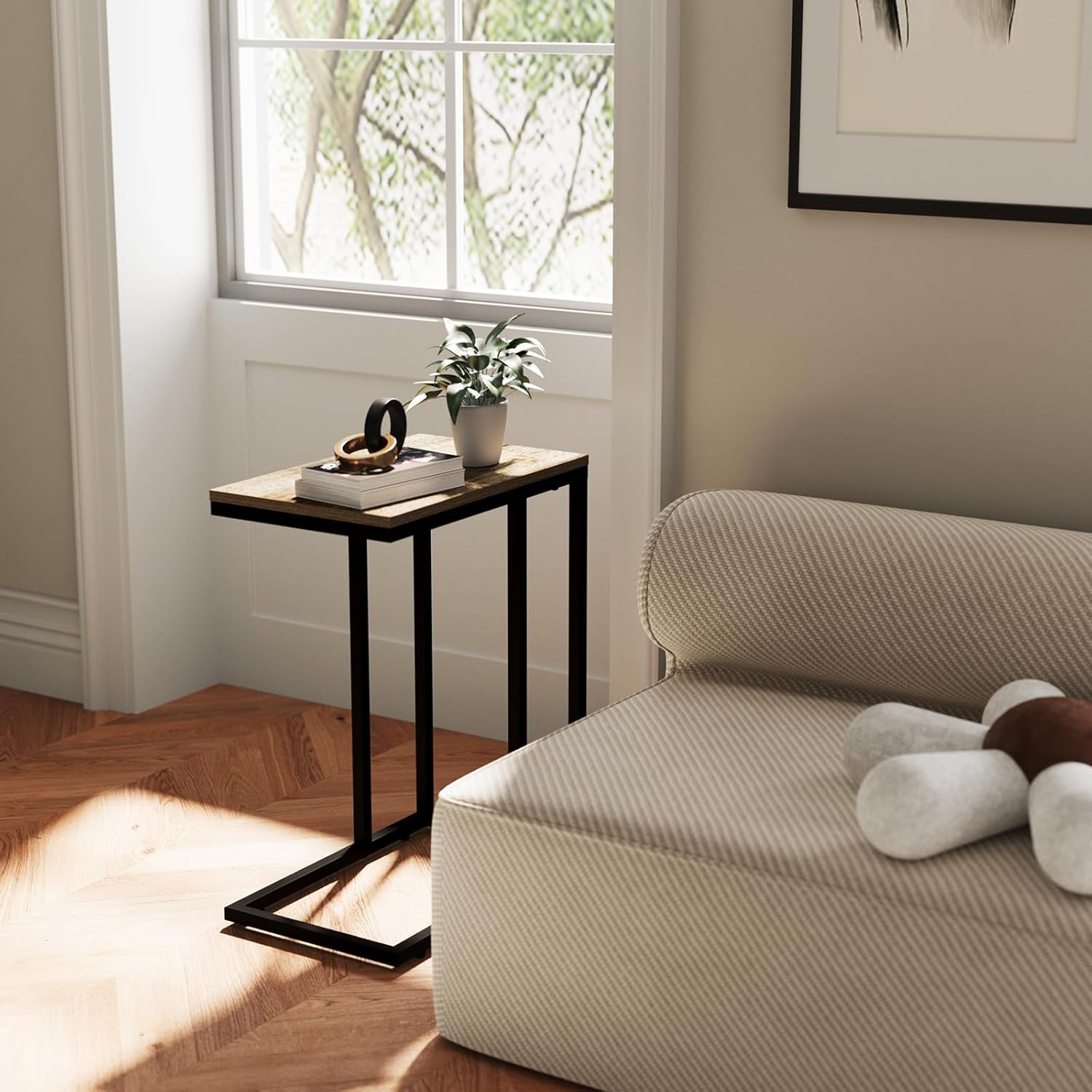 MAXTOWN – Mesa auxiliar en forma de C, mesa auxiliar pequeña para espacios pequeños, mesa de sofá para sala de estar, dormitorio, mesa auxiliar