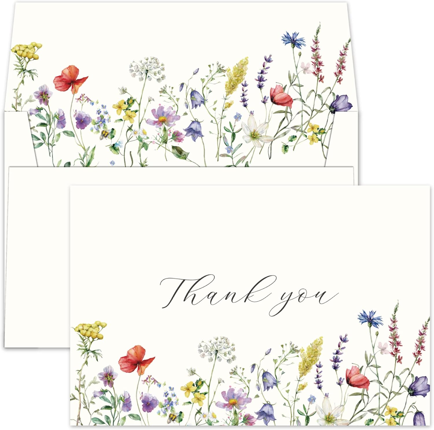 Tarjetas de agradecimiento florales de verano 4 x 6 con sobres (paquete de 20 sobres a granel) a juego, flores silvestres, bodas, notas en blanco