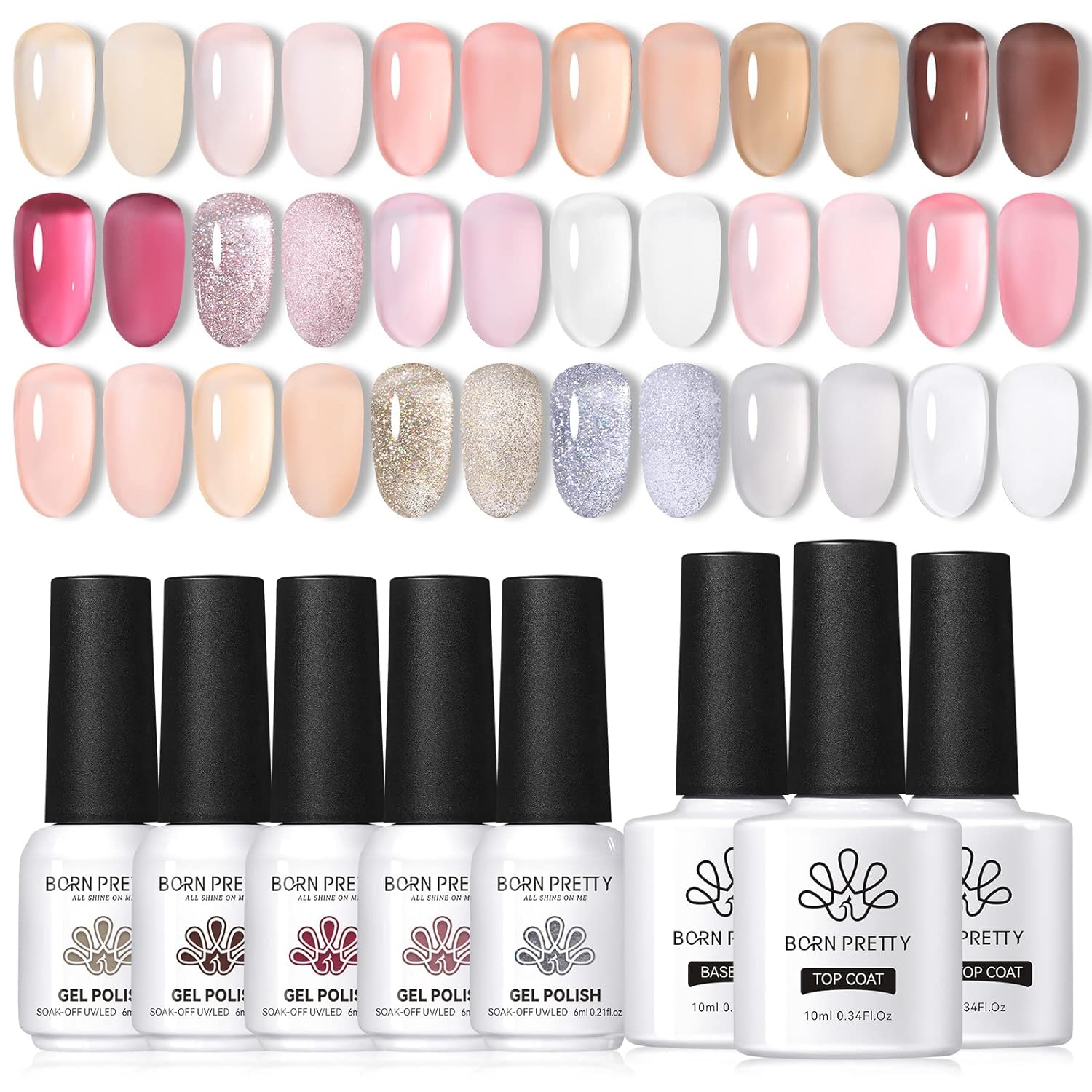 Born Pretty Juego de esmaltes de uñas de gel transparente color rosa nude, esmalte de gel translúcido transparente con capa superior mate brillante