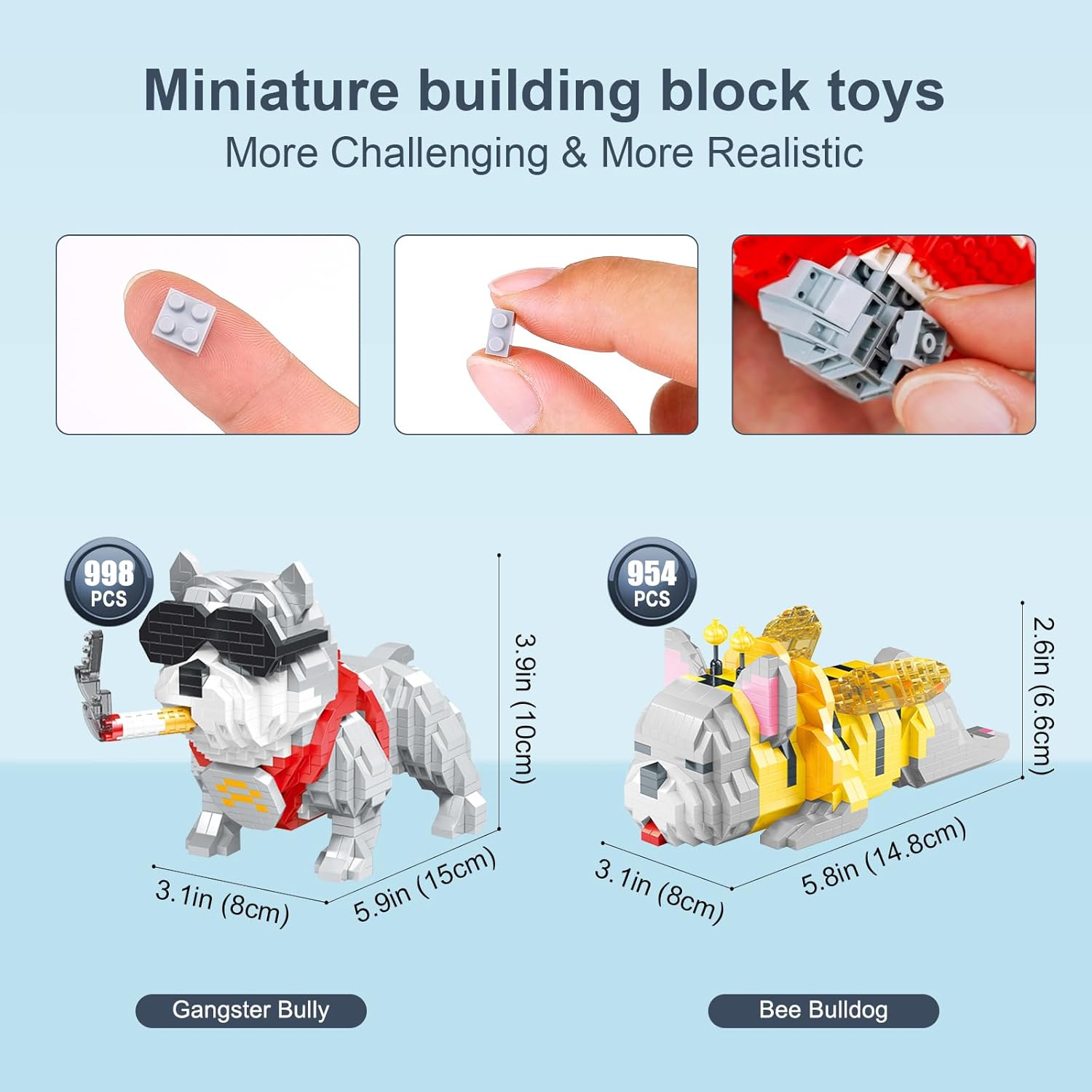 qOvOp Paquete de 2 juguetes de construcción de micro ladrillos, Bulldog francés y Bully Pit Bull, mini bloques de construcción lindos animales,