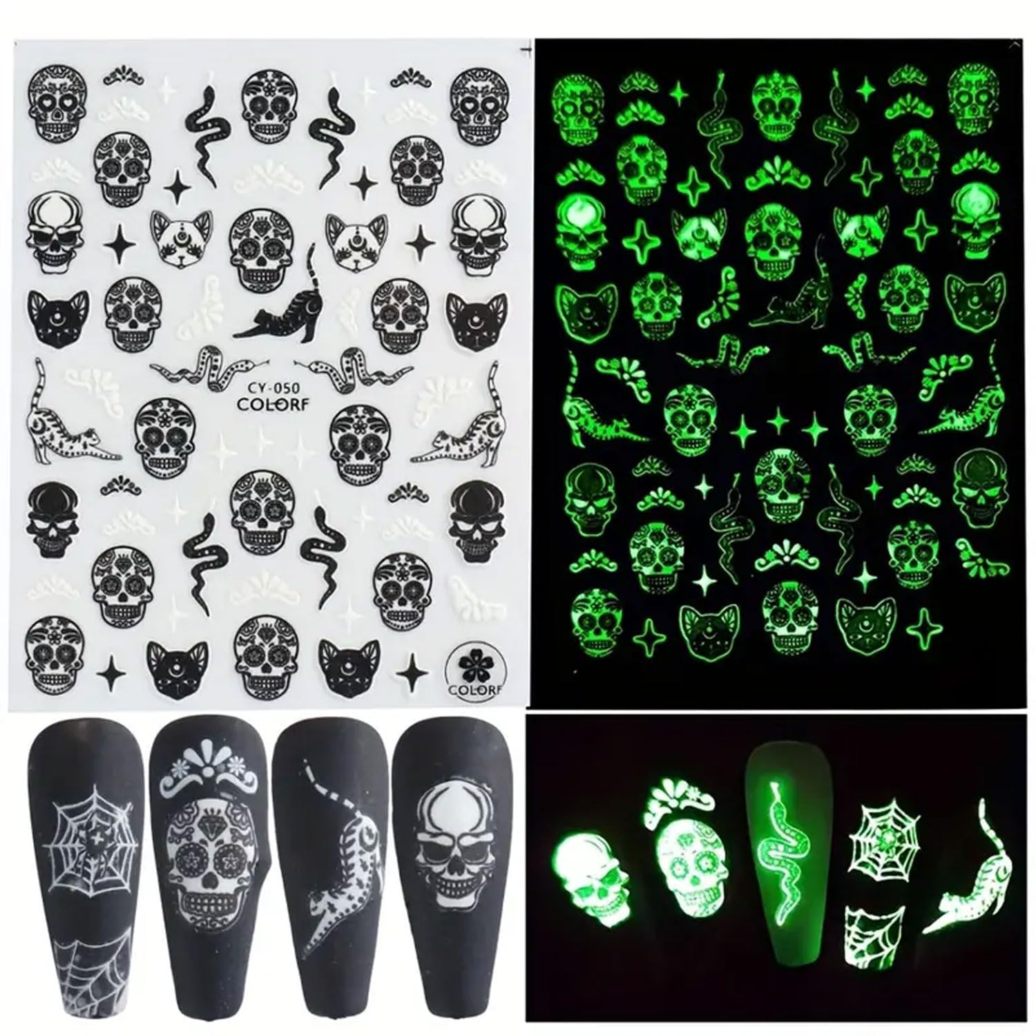 Calcomanías luminosas para arte de uñas de Halloween, 8 piezas que brillan en la oscuridad, calavera, fantasma, araña, calabaza, extraterrestre,