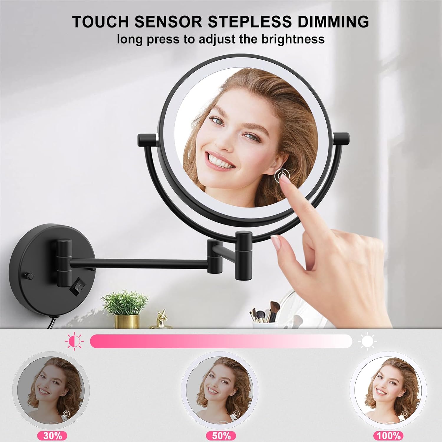 YMHSOLDR Espejo de maquillaje iluminado montado en la pared con 3 luces de color y atenuación continua, espejo cosmético de aumento de doble cara