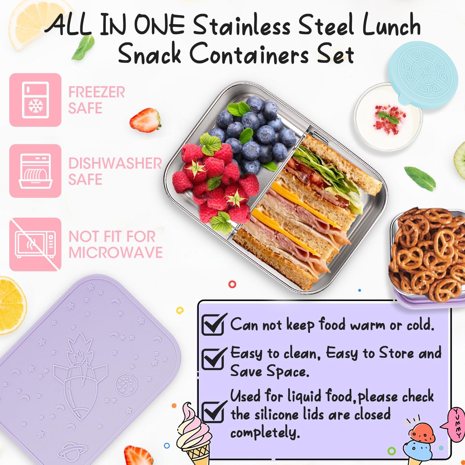 Juego de 3 cajas de almuerzo Bento de acero inoxidable, 28.7 onzas, a prueba de fugas, cajas de almacenamiento de alimentos de metal divididas con