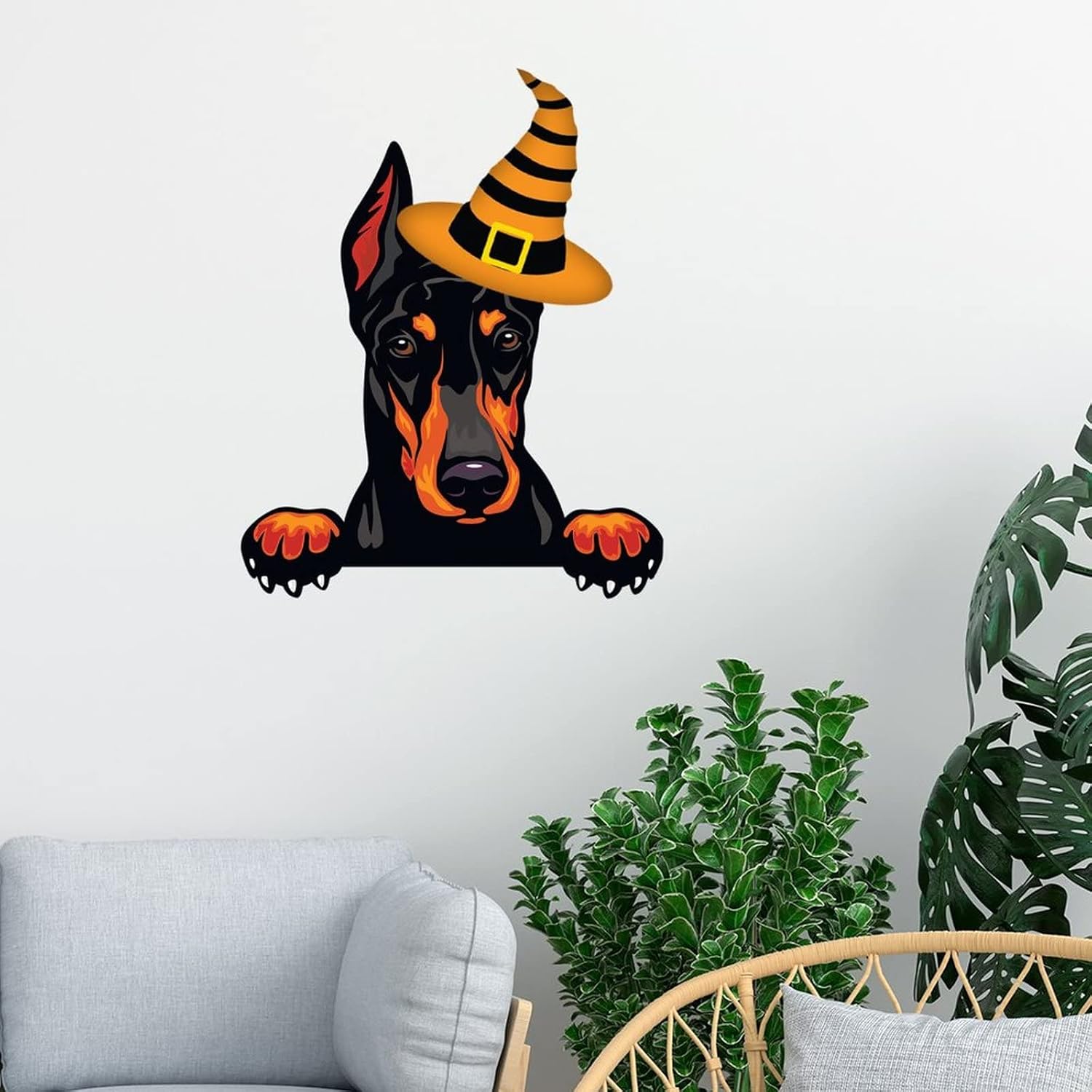 Calcomanías de Halloween con diseño de bruja Doberman, bienvenida, Halloween, decoración de pared de perro Doberman, póster extraíble de vinilo para