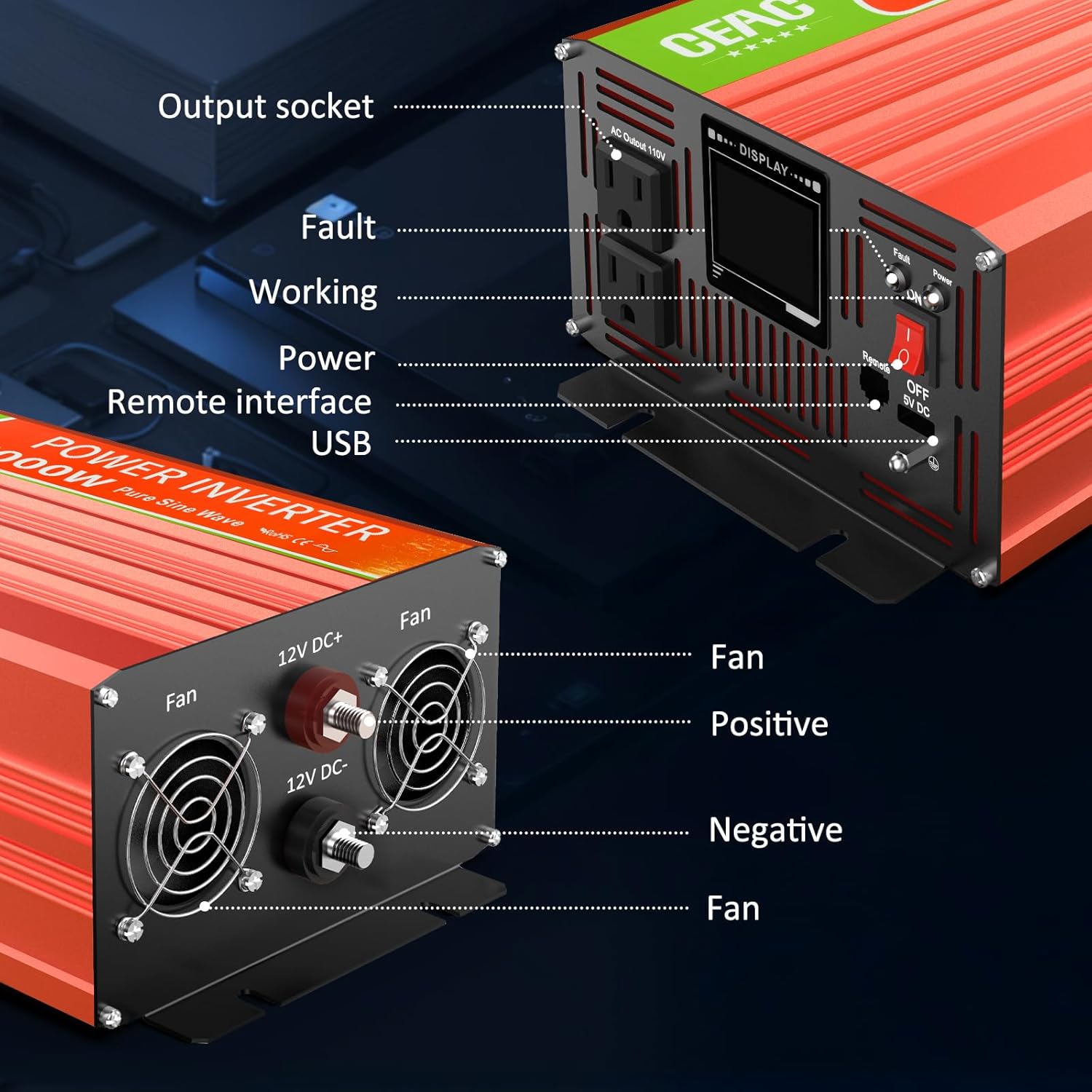 Inversor de onda sinusoidal pura de 1000 W, convertidor de 12 V CC a 110 V CA con rayo, cable de datos USB para el hogar, RV, camión, campamento con